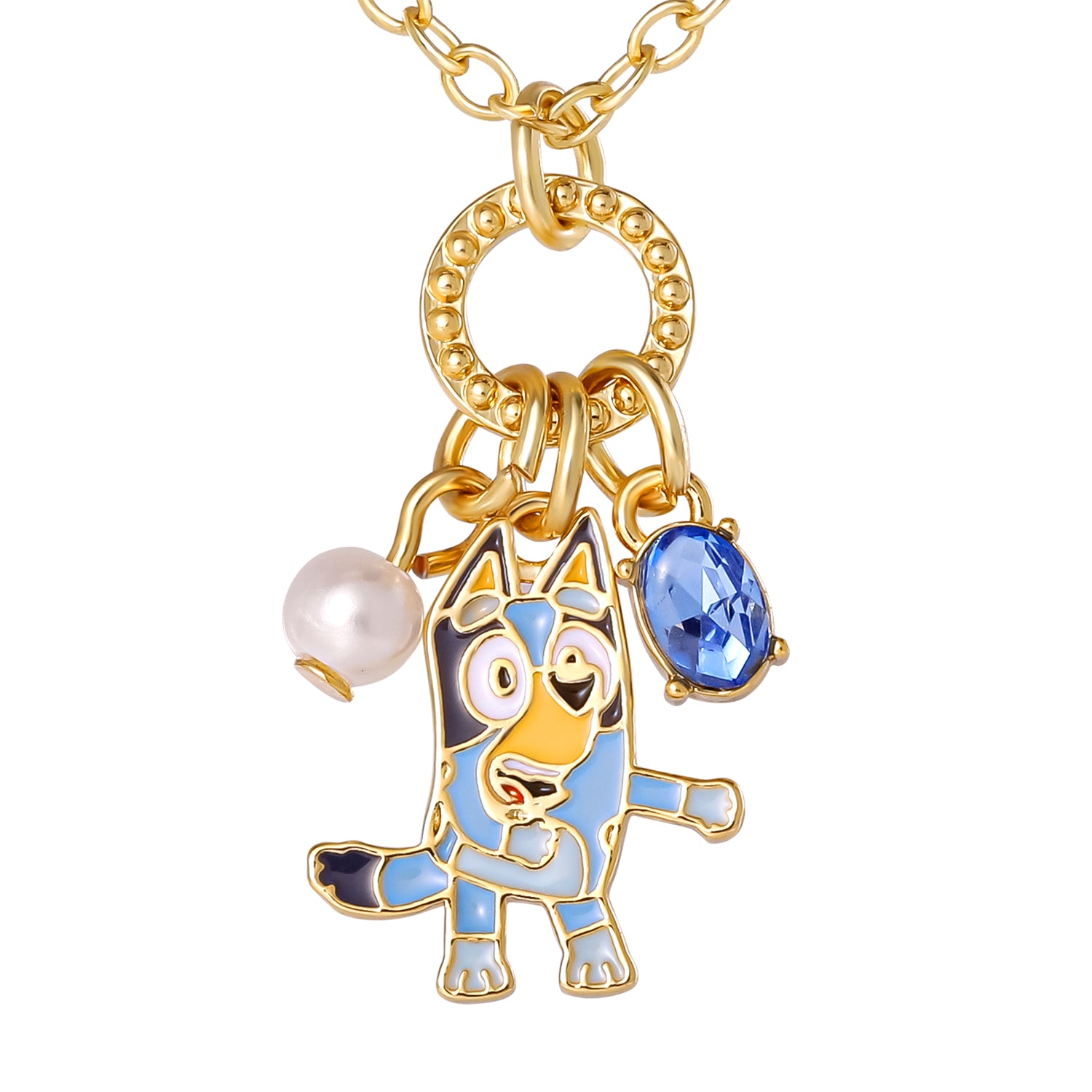 Bluey Charm Necklace Official License, 16"+2" 18k Gold Flash-Plated Necklace with 3 Dangle Charms