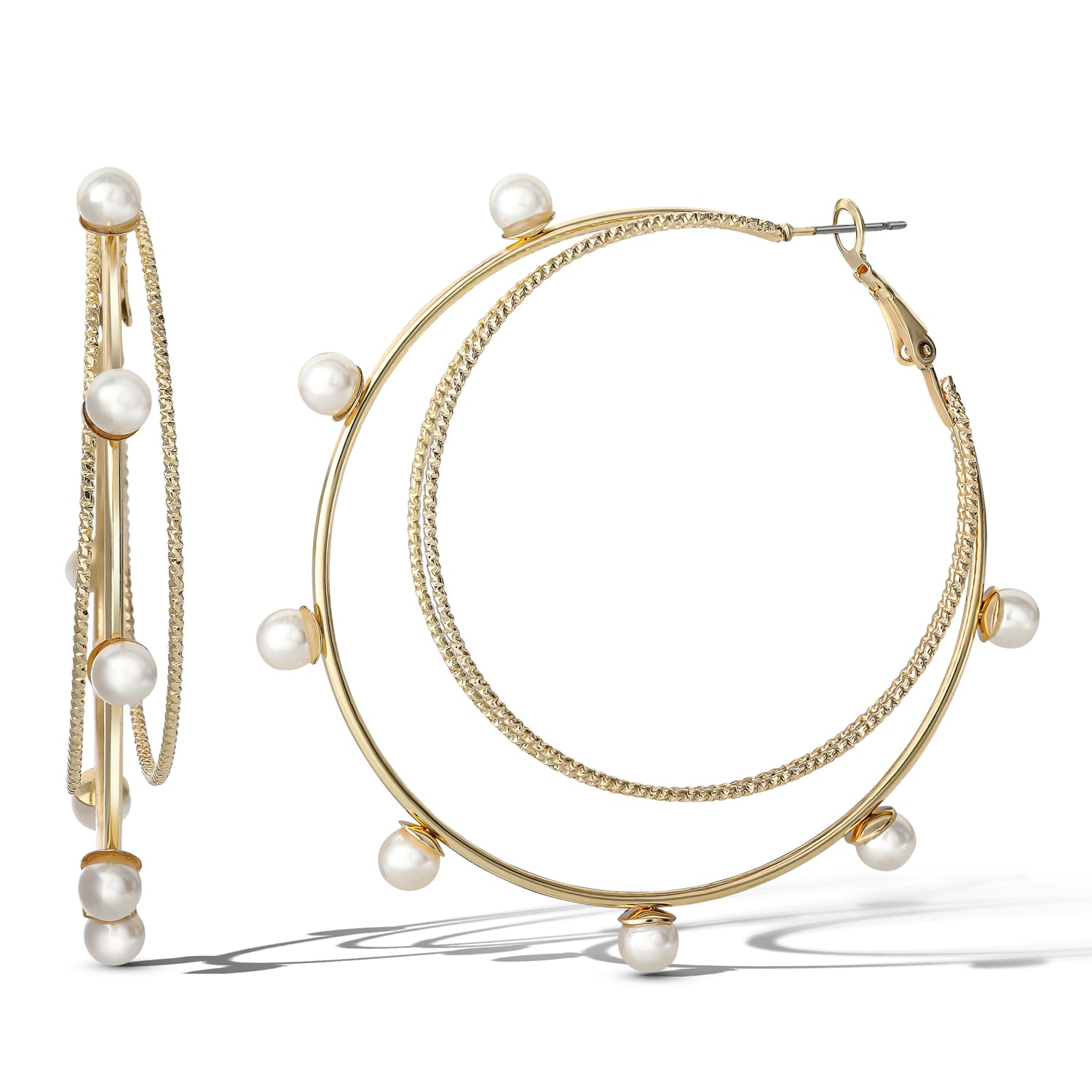 Jessica Simpson Gold-Tone Double Hoop Earrings with Faux Pearl Accents – Elegant and Trendy