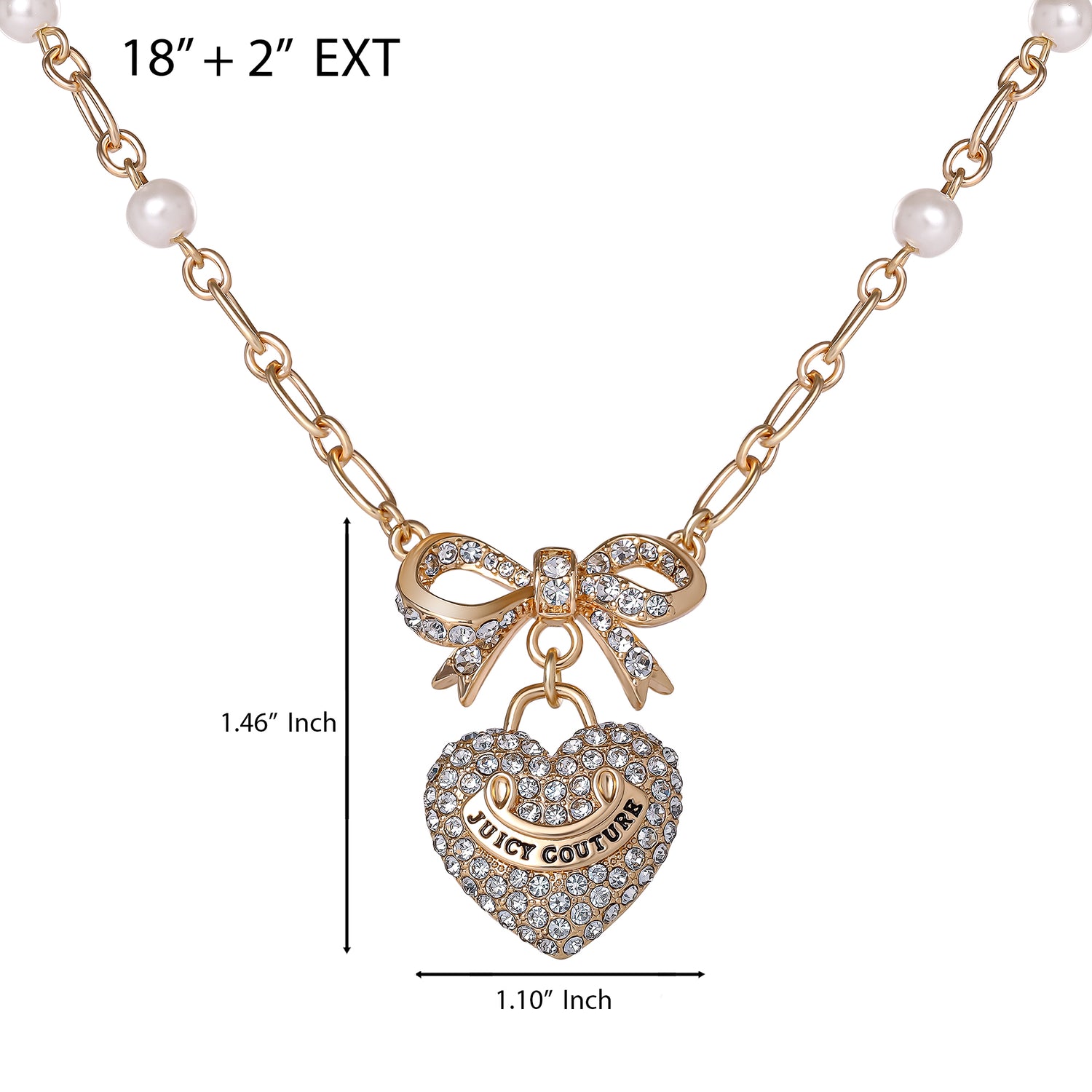 Juicy Couture Necklace Gold Tone 18"+2", Heart Charm Necklace for Women with Bow, Faux Pearls, and Clear Stones