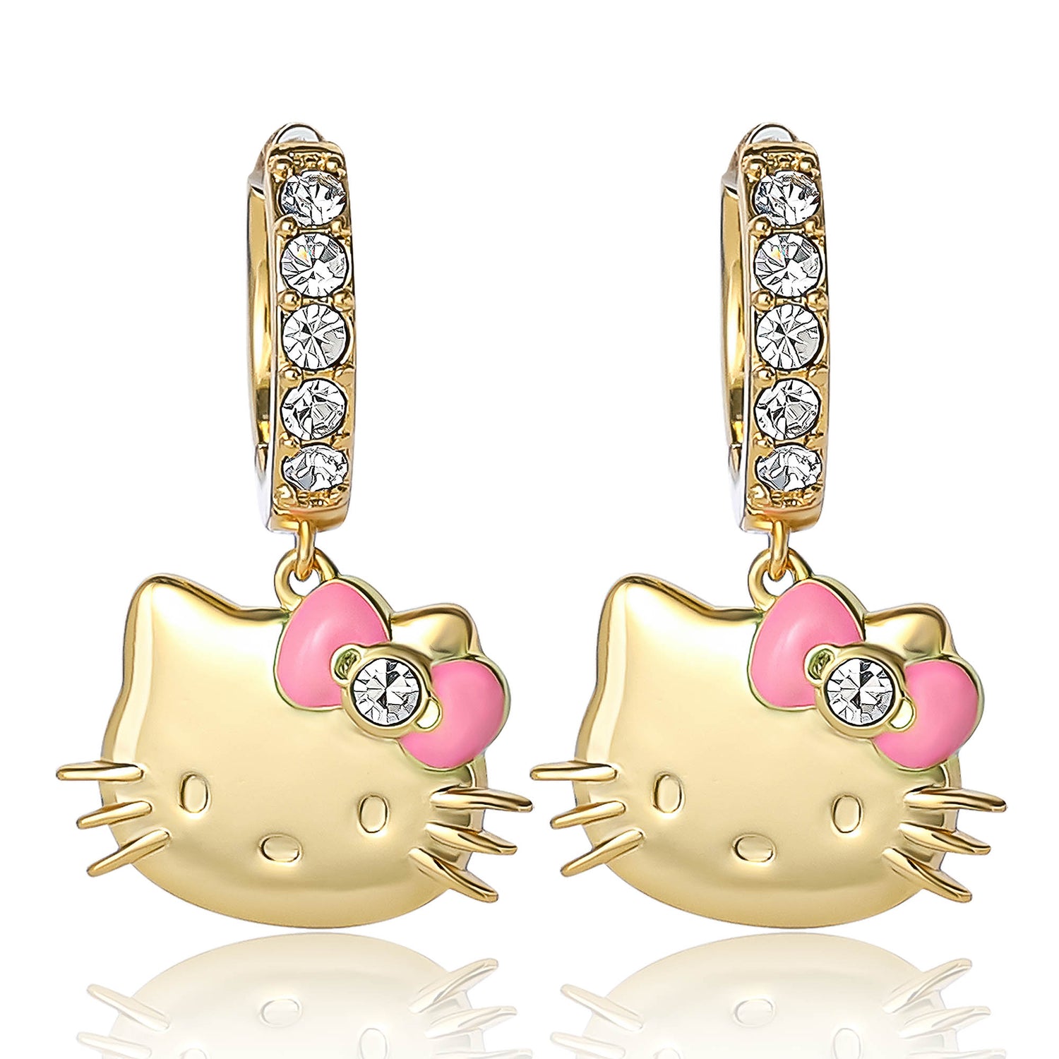 Hello Kitty Earrings for Women Official License, 18k Gold Flash-Plated and Pave Crystal Hoop Earrings with Dangle Charm