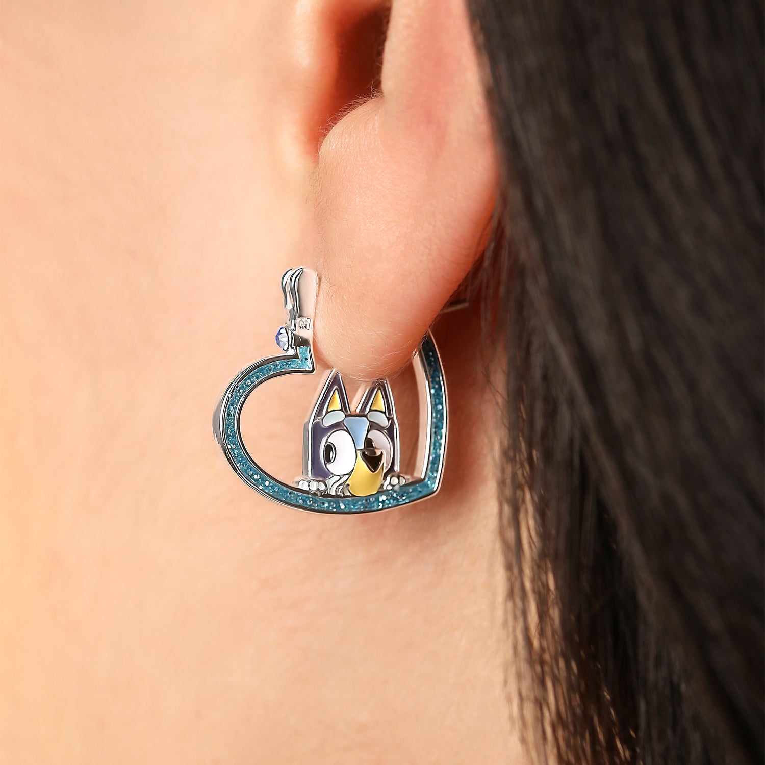 Bluey Heart Hoop Earrings Official License, Silver Flash-Plated with Enamel Bluey Pendant