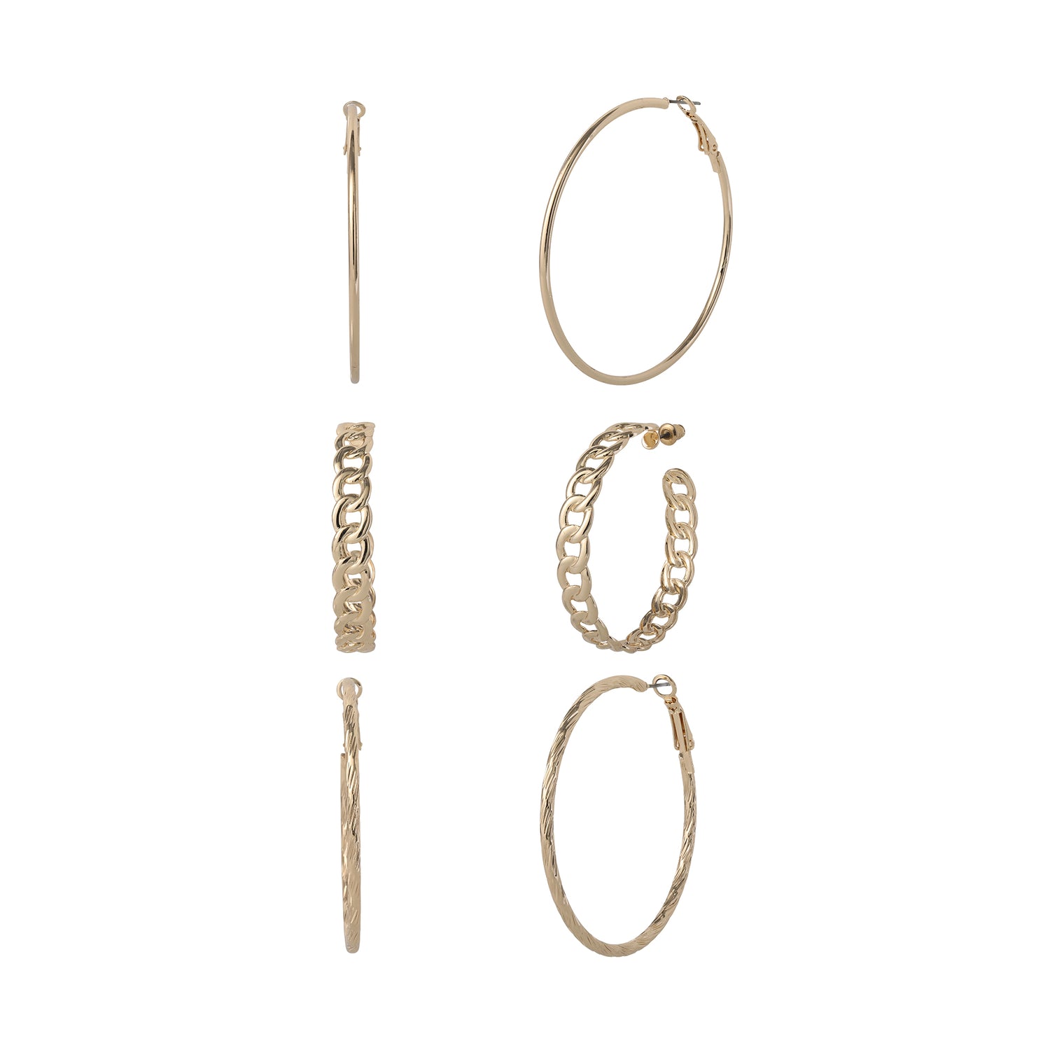 Jessica Simpson 3-Piece Hoop and Chain Hoop Earring Set in Gold-Tone