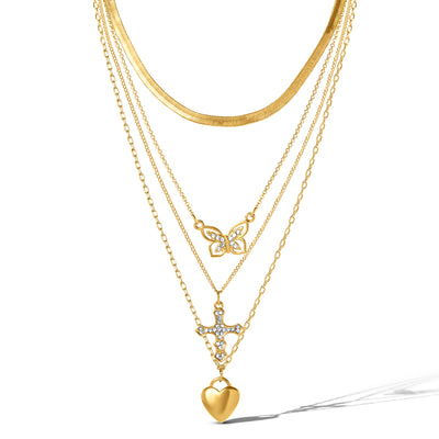 Jessica Simpson Layered Butterfly, Cross & Heart Pendant Necklace Set