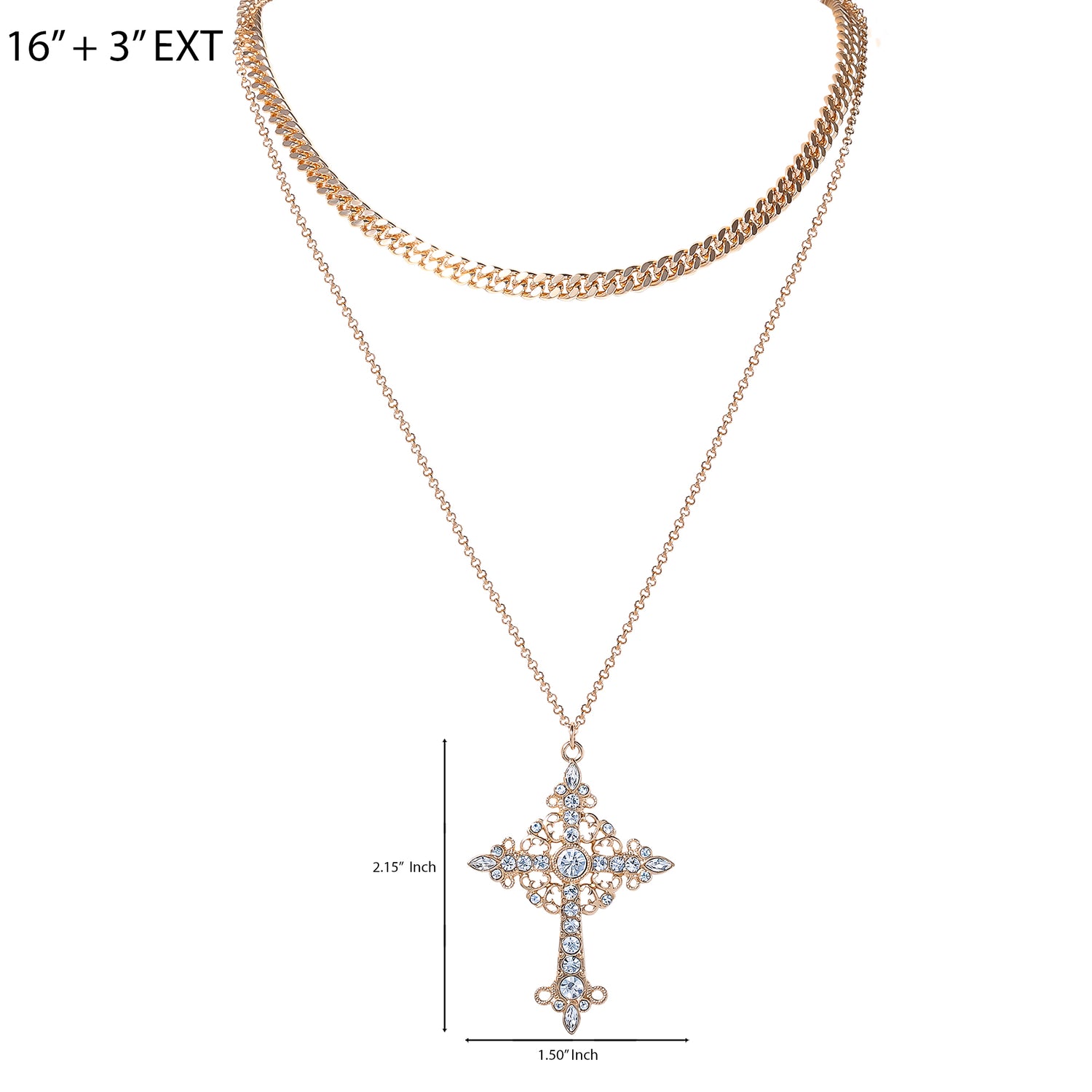 JS Jessica Simpson Gold-Tone Rhinestone Cross and Curb Chain Necklace Set