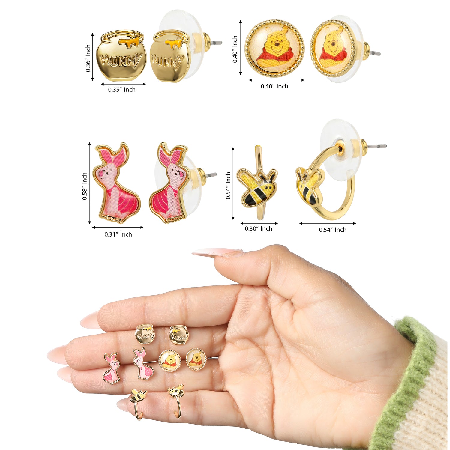Winnie the Pooh Earrings Pack of 4 Official License, Gold Tone and Enamel