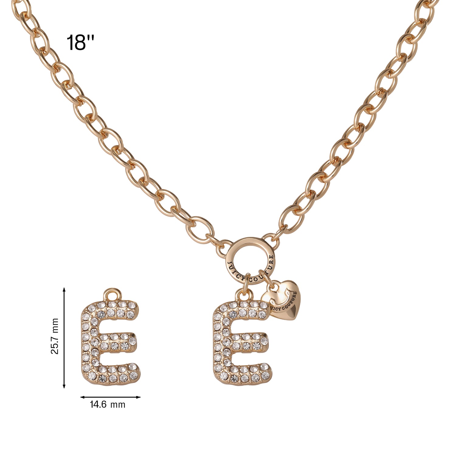 Juicy Couture Bubble Letter Necklace for Women with Clear Stones 18"+2", Chunky Initial Necklace Gold-Tone - E