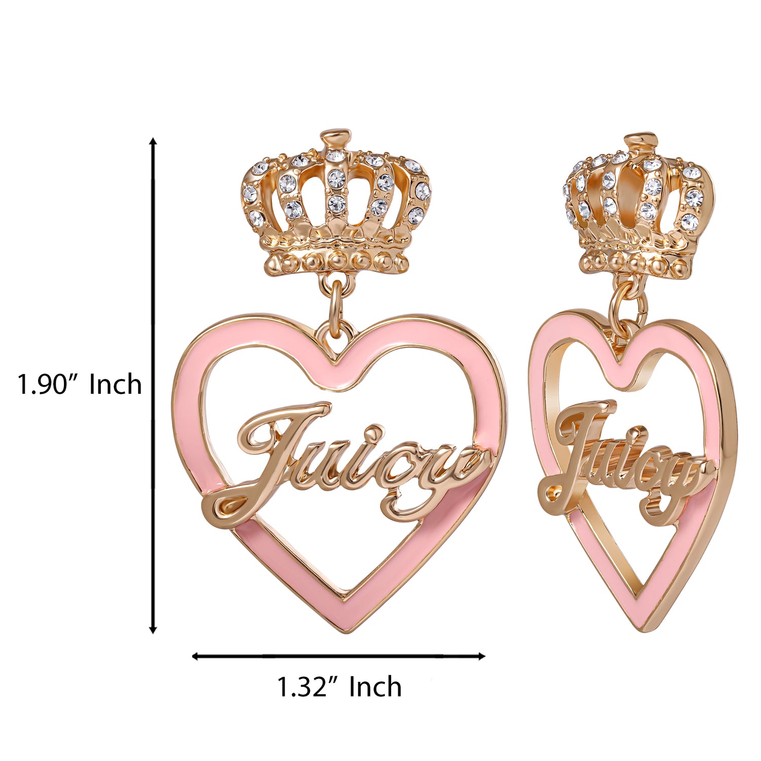 Juicy Couture Logo and Pink Heart Dangle Earrings for Women, Gold-Tone Heart Earrings with Embellished Crown Stud