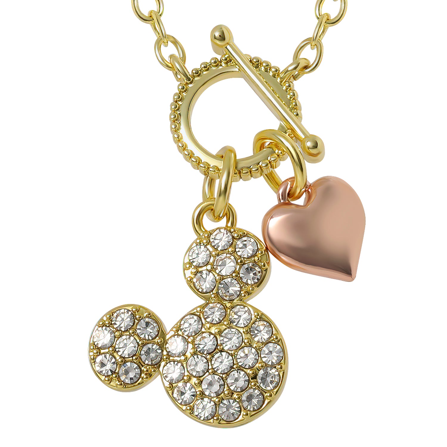 Disney Mickey Mouse Necklace 16" + 2", Gold Tone, Clear Crystals