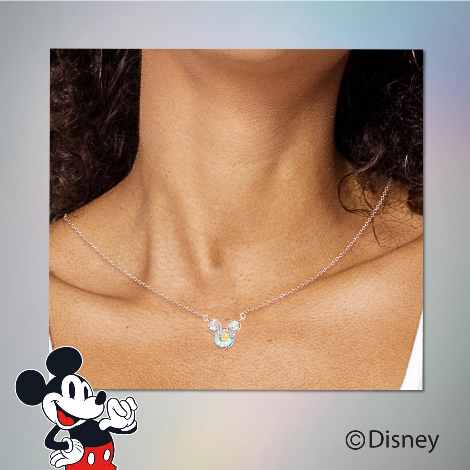 Disney Mickey Mouse Aurora Boreal Crystal Necklace 18"+2", Flash-Plated Official License