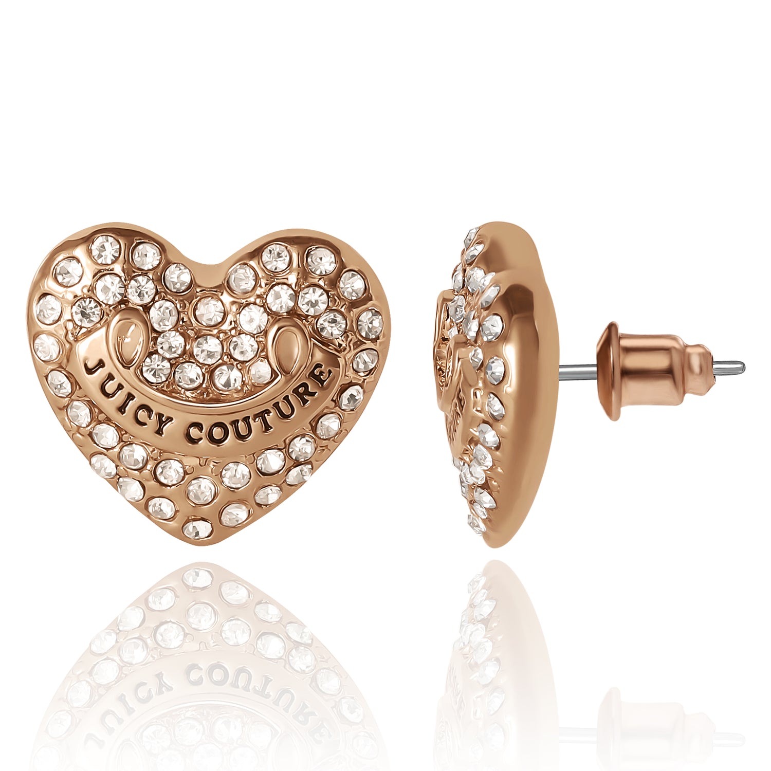 Juicy Couture Logo Heart Stud Earrings for Women with Clear Stones, Juicy Couture Earrings Gold Tone