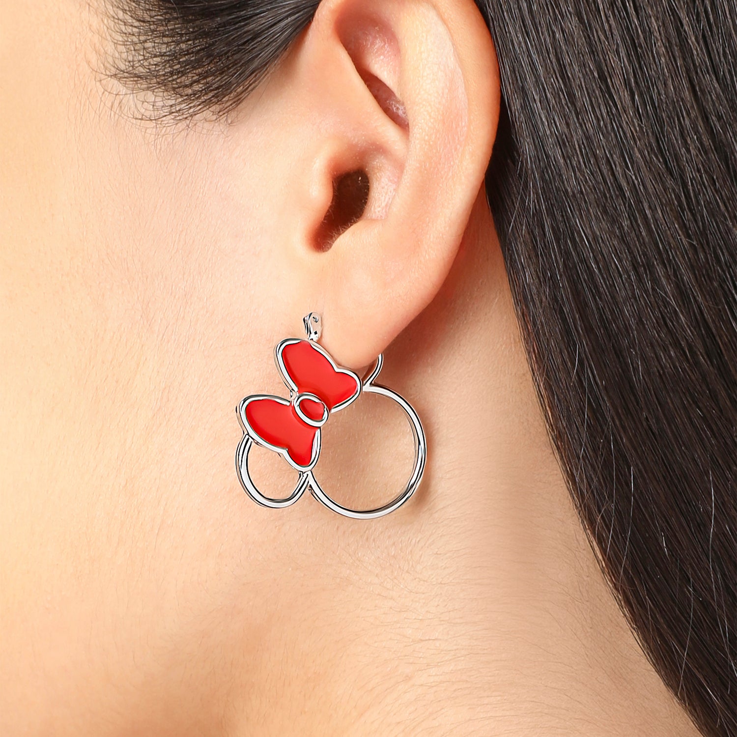 Disney Minnie Mouse Red Bow Earring Set, 3 Pairs (Hoops, Drops & Studs), Silver‑Tone