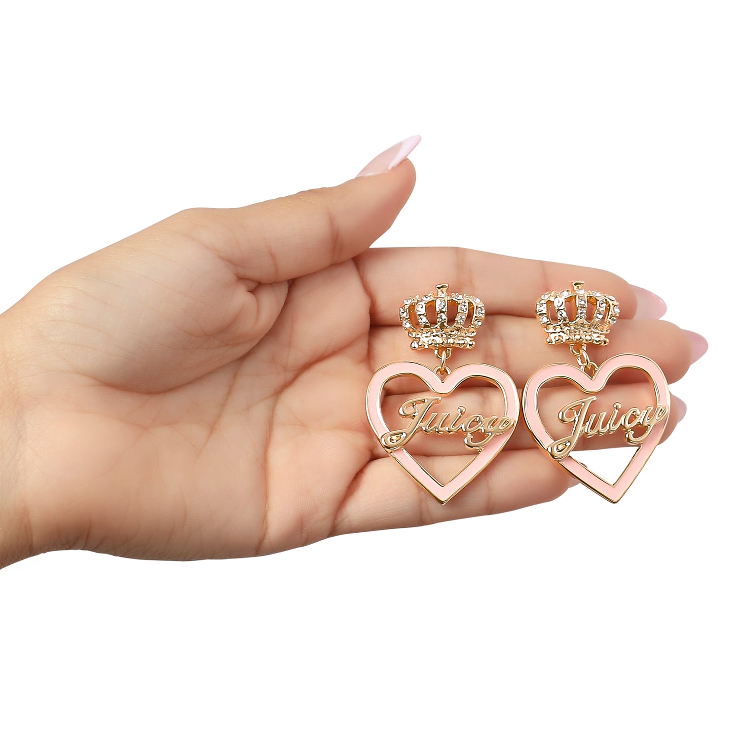 Juicy Couture Logo and Pink Heart Dangle Earrings for Women, Gold-Tone Heart Earrings with Embellished Crown Stud
