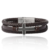 Lucky Brand Textured Cross Triple Row Brown Bracelet for Men 8.5", Antique Silver Flash-Plated, Cross Jewelry