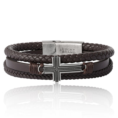 Lucky Brand Braided Leather Bracelet with Cross - Brown Leather Wrap Bracelet for Men