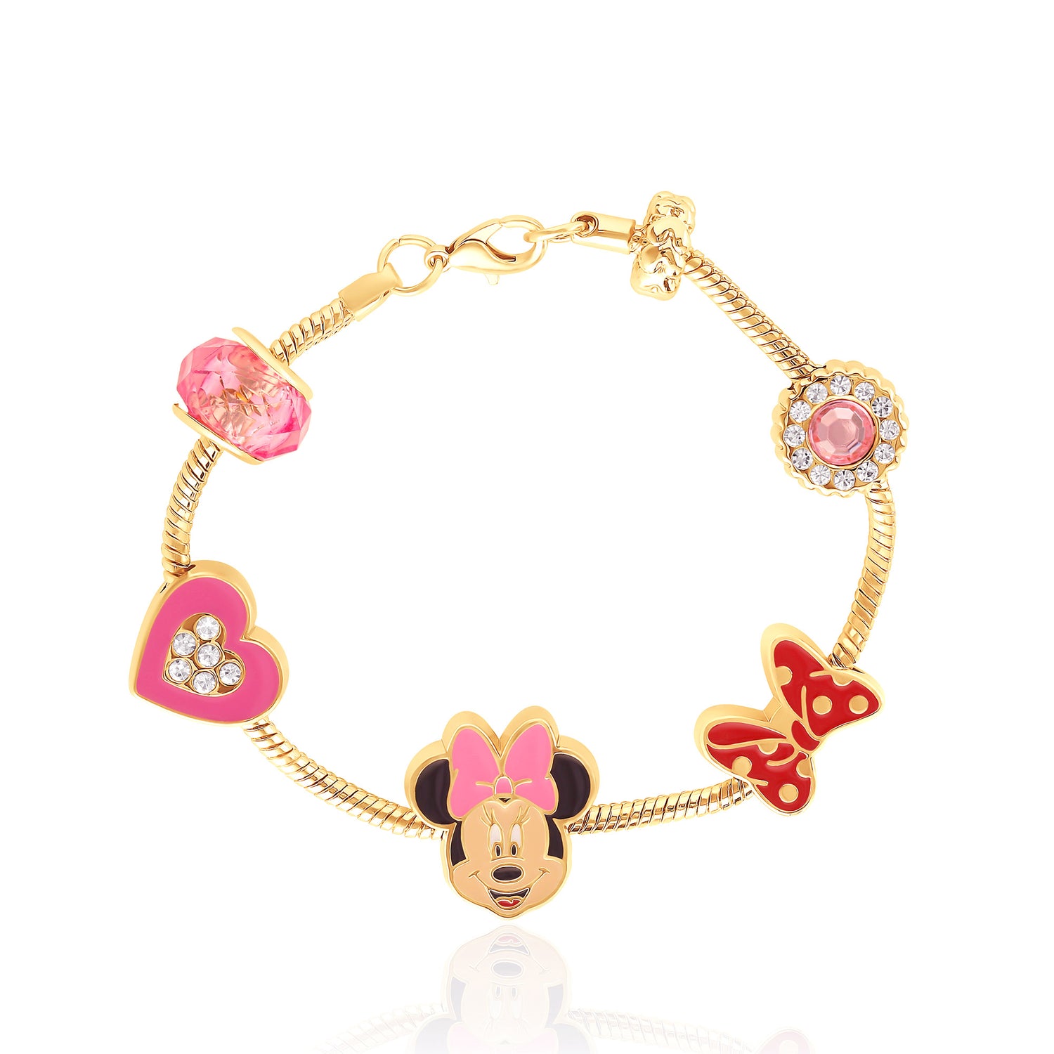 Minnie Mouse Bracelet for Women, 7" Gold-Tone Disney Charm Bracelet with 6 Unique Charms Official License