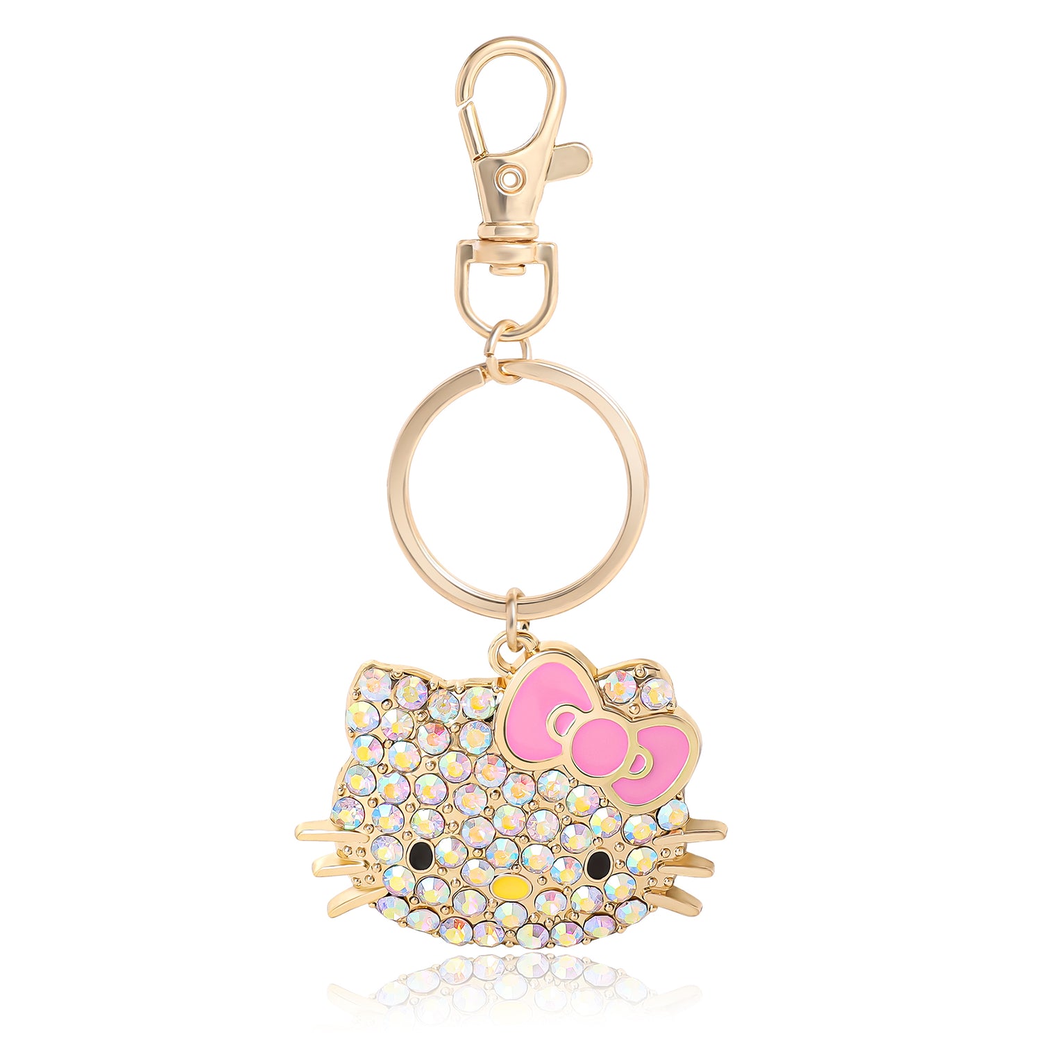 Hello Kitty Keychain with Pink Bow Official License, Pave Crystal Bling Sanrio Keychain with Lobster Clip (Light Pink) - Yellow - Pink AB Crystal