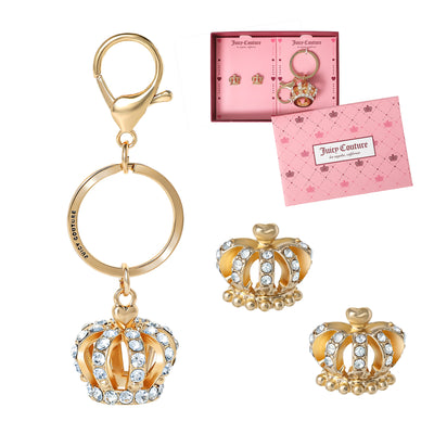 Juicy Couture Gold-Tone Crystal Crown Keychain & Earring Set