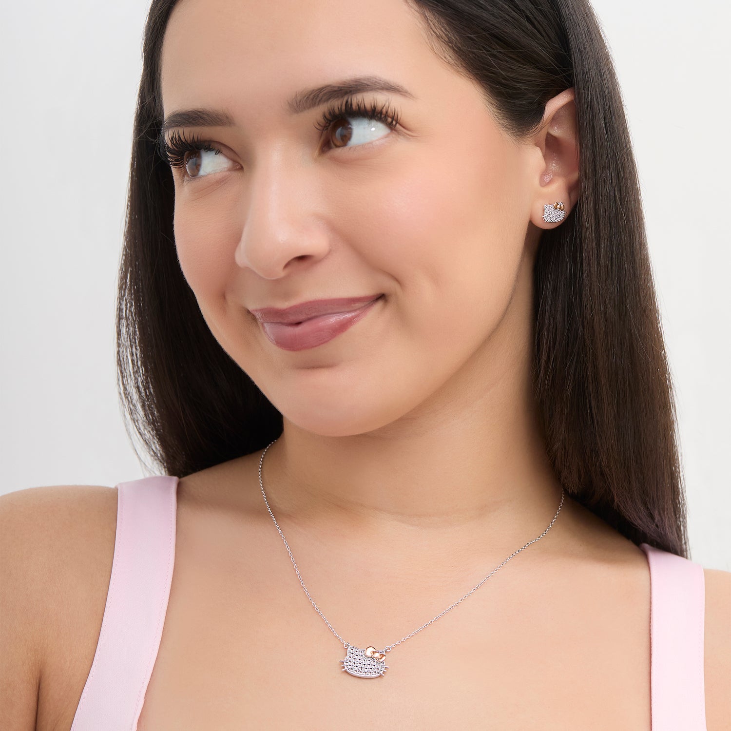 Hello Kitty Face Stud Earrings, Sterling Silver with Created White Sapphire Pavé and Rose Gold-Tone Bow, Official License