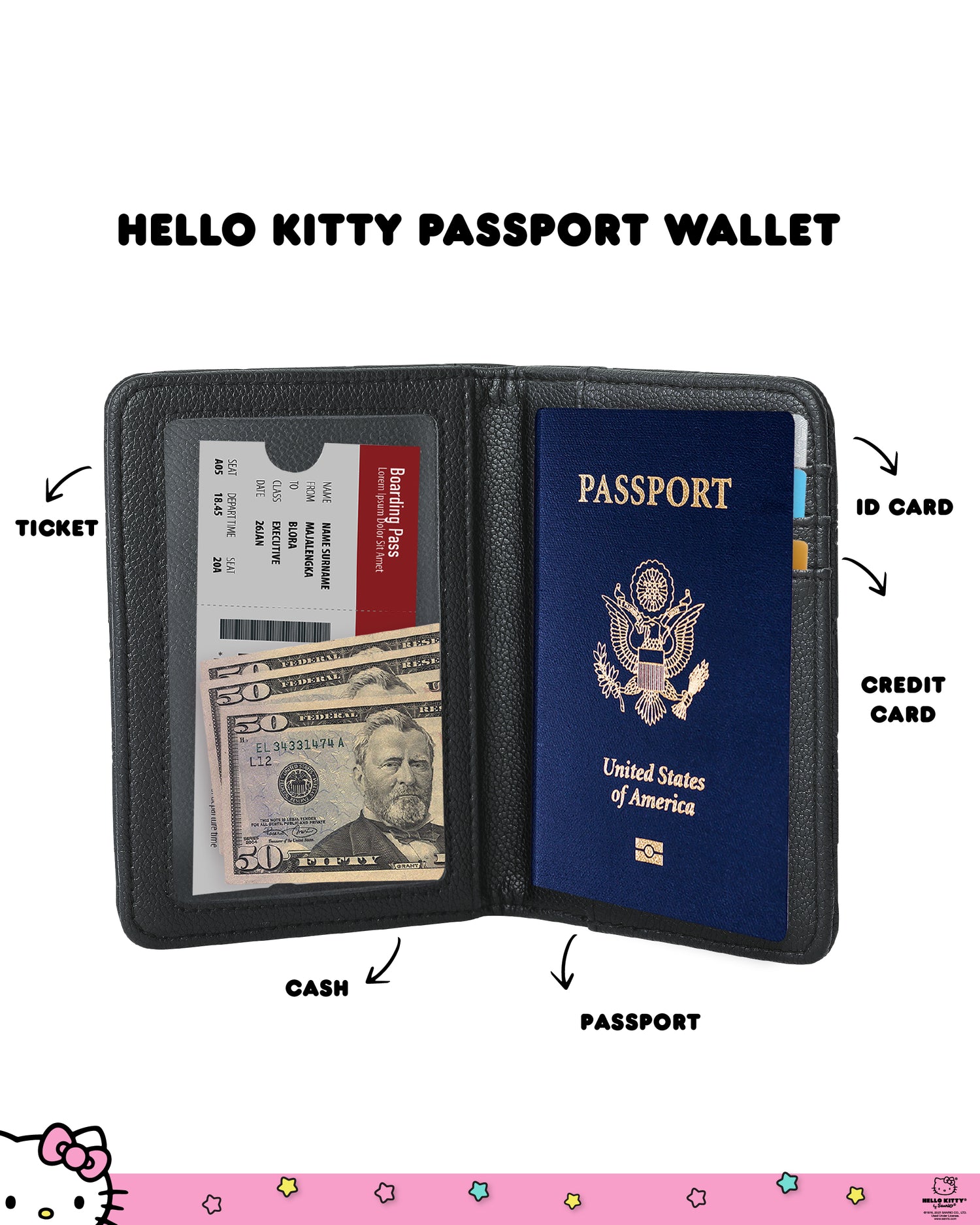 Hello Kitty Passport Holder for Travel Official License, Black Passport Cover for Women, Sanrio Gifts - Black