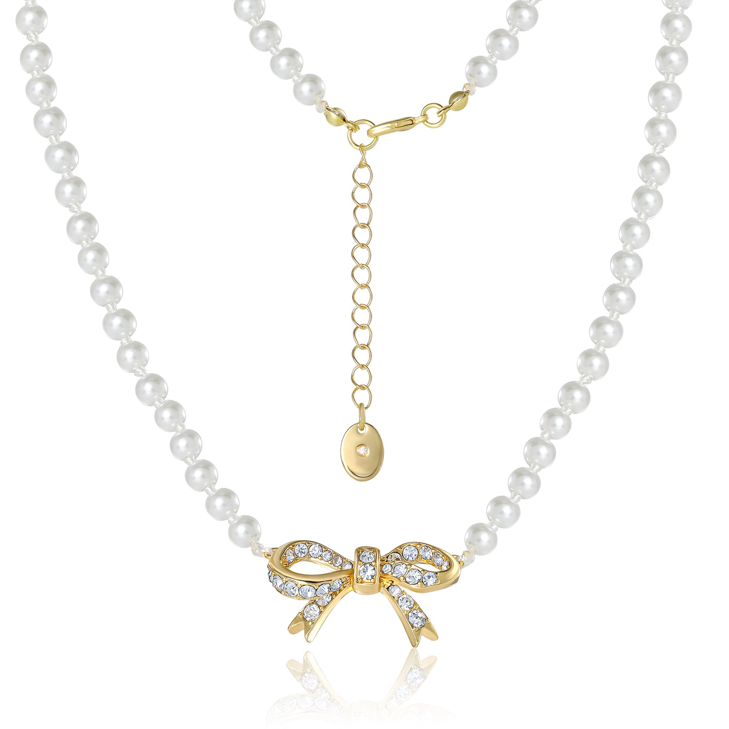 Juicy Couture Pearl Necklace with Pavé Bow, Gold‑Tone Accents