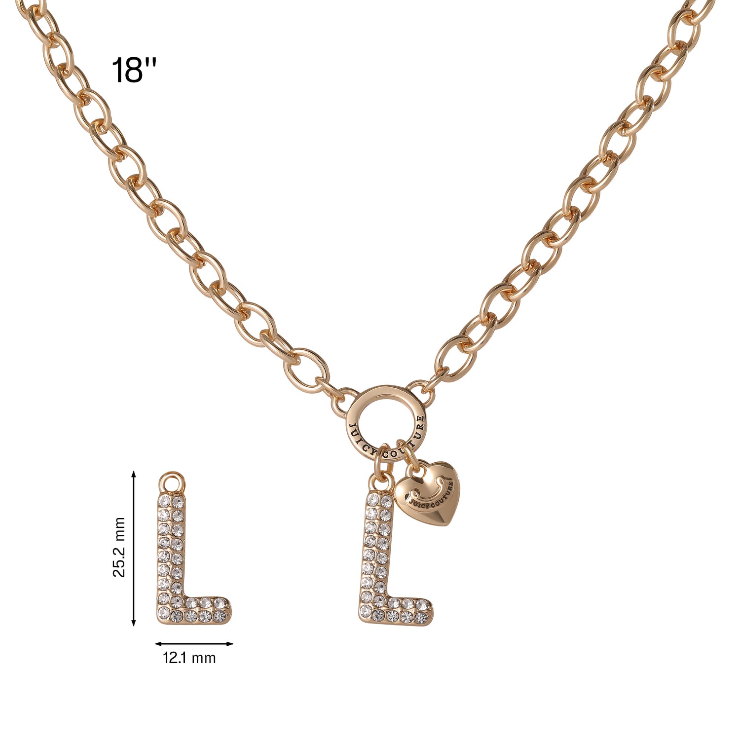 Juicy Couture Bubble Letter Necklace for Women with Clear Stones 18"+2", Chunky Initial Necklace Gold-Tone - L
