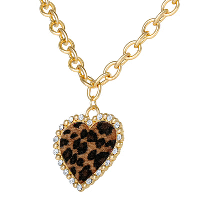 Jessica Simpson Chunky Heart Necklace for Women with Cheetah Print and Pave Crystals, 18"+2" Heart Pendant Necklace