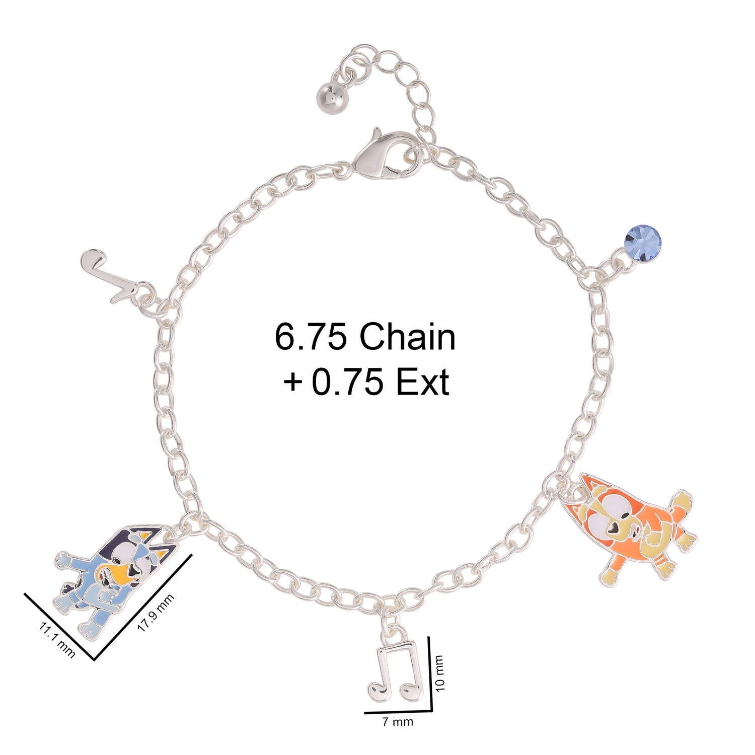 Bluey Bracelet with 5 Charms Official License, 6.75"+.75" - Silver Tone