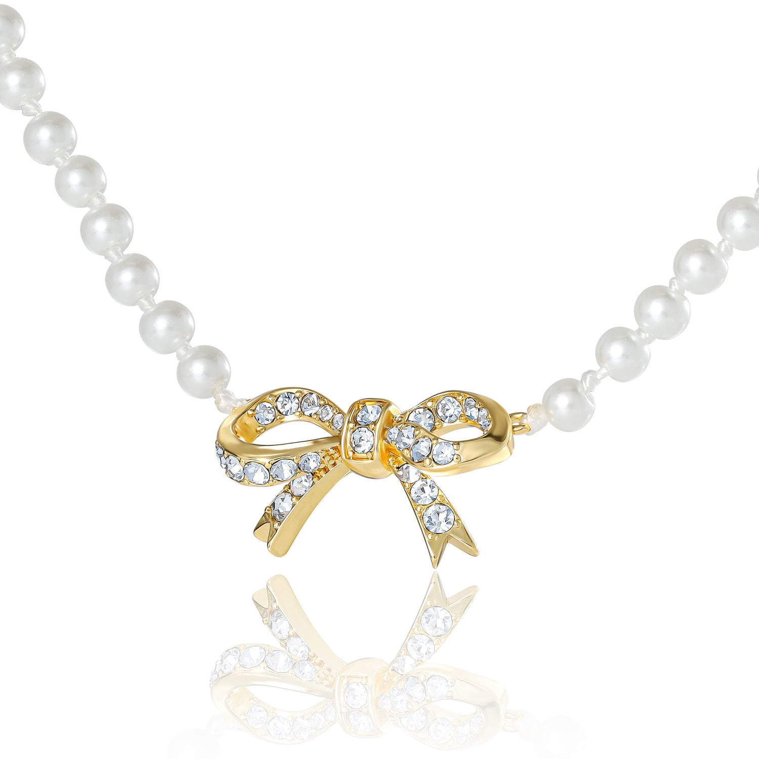 Juicy Couture Pearl Necklace with Pavé Bow, Gold‑Tone Accents