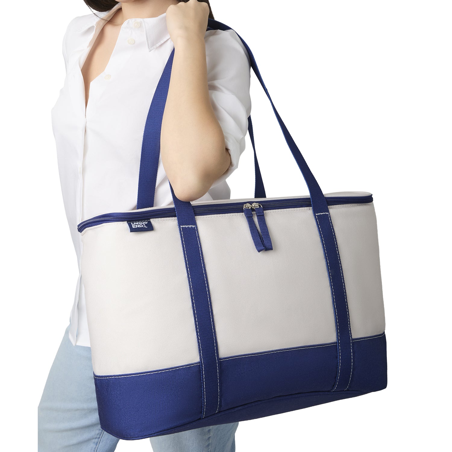 Lands' End Rectangular Large Cooler Bag Insulated 8 Gal, Canvas Soft Cooler with Tote Handles and Zip Closure (Navy) - Navy