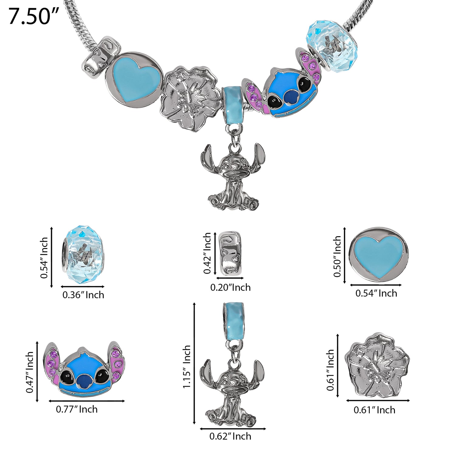 SALLY ROSE Stitch Charm Bracelet for Women, 7" Fashion Stitch Bracelet with 6 Unique Charms Official License, Stitch Gifts