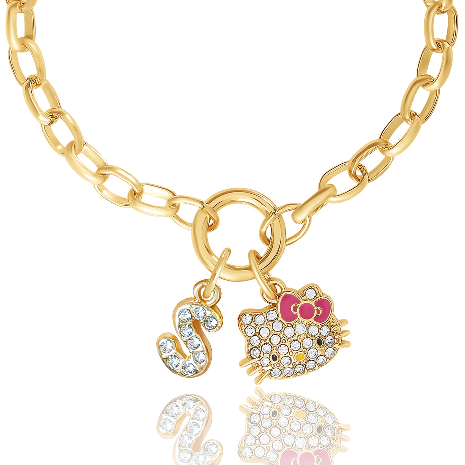 Hello Kitty Initial Crystal Charm Bracelet, Gold‑Tone, Adjustable - S