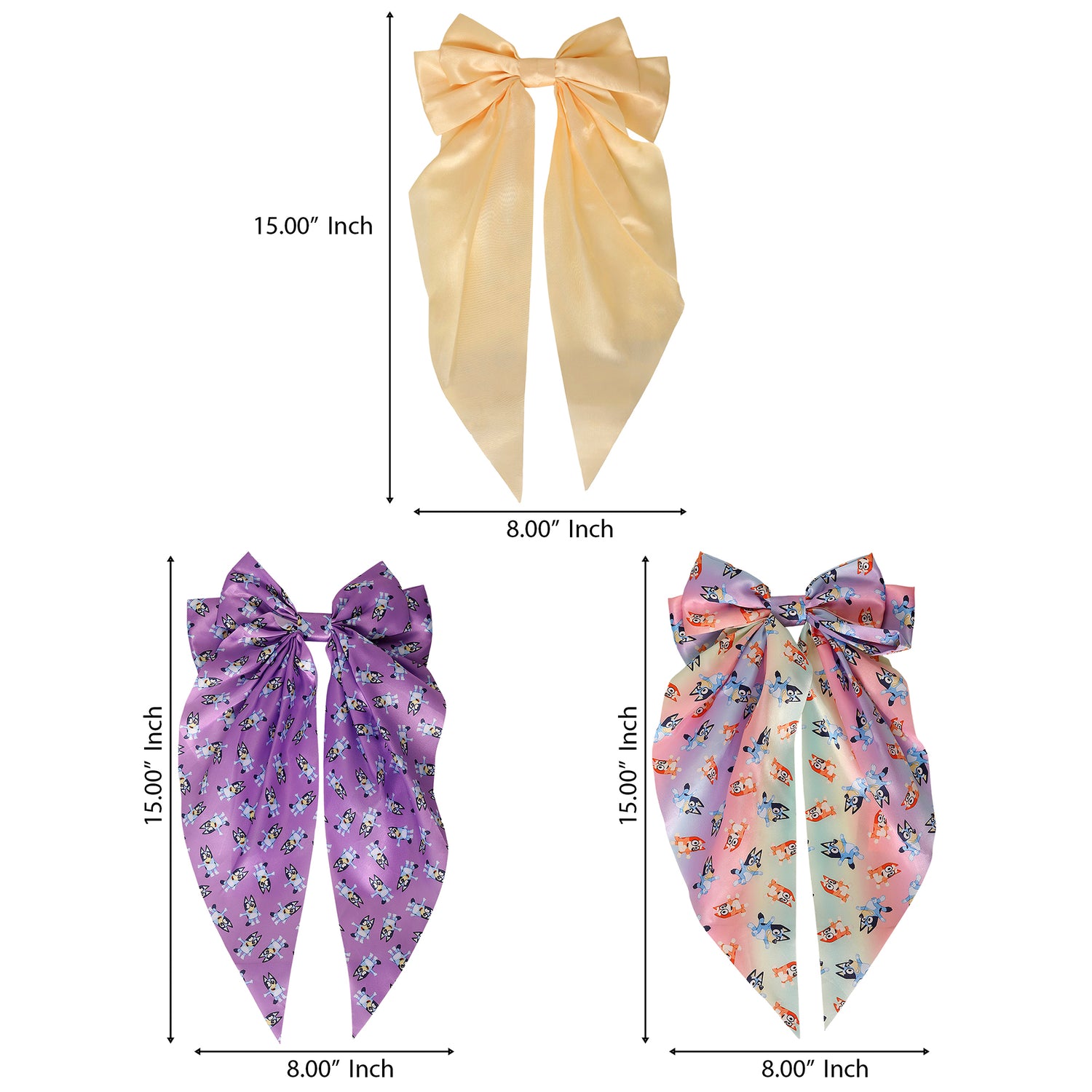 Bluey Bows for Hair 3-Piece Set Official License, Long Hair Bows with Clip