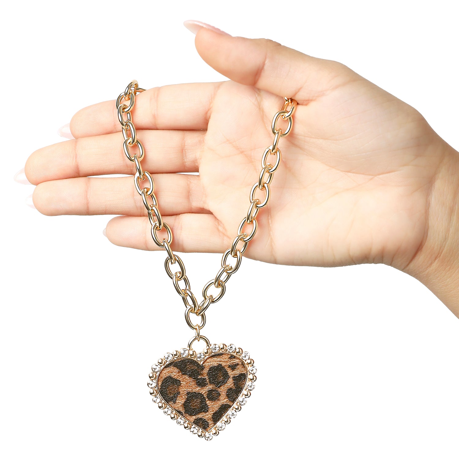 Jessica Simpson Chunky Heart Necklace for Women with Cheetah Print and Pave Crystals, 18"+2" Heart Pendant Necklace
