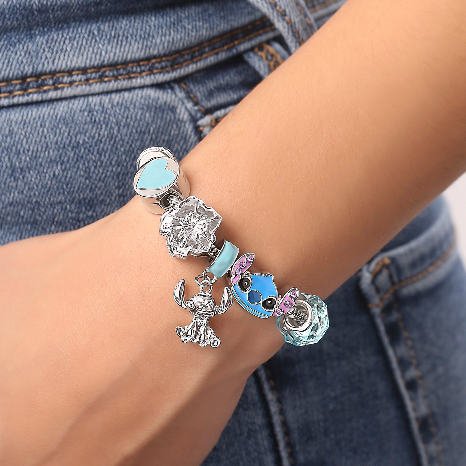 SALLY ROSE Stitch Charm Bracelet for Women, 7" Fashion Stitch Bracelet with 6 Unique Charms Official License, Stitch Gifts