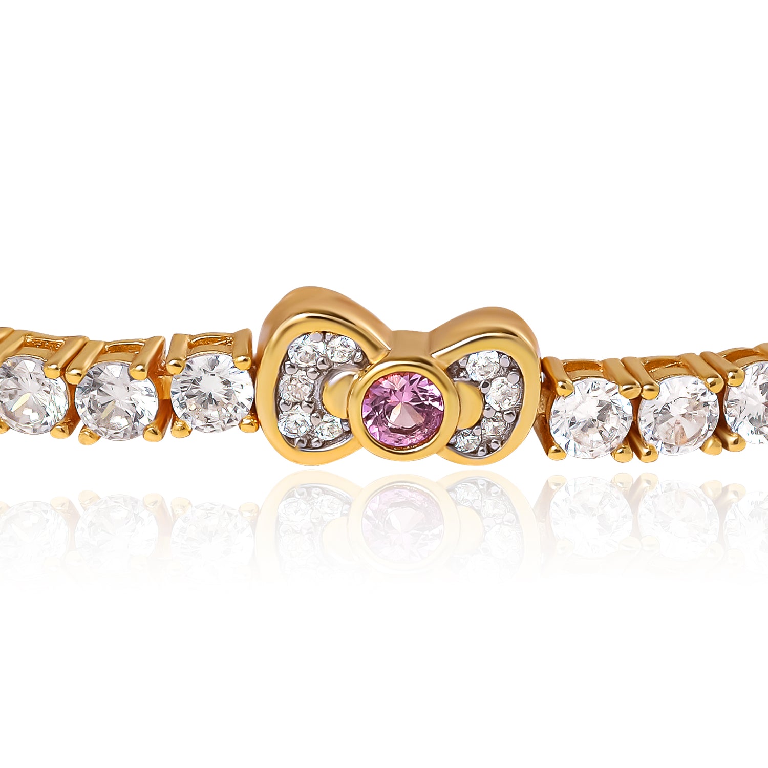 Hello Kitty Bow Tennis Bracelet 7.5", Two-Tone Plated Sterling Silver with Created White & Pink Sapphire, Official License