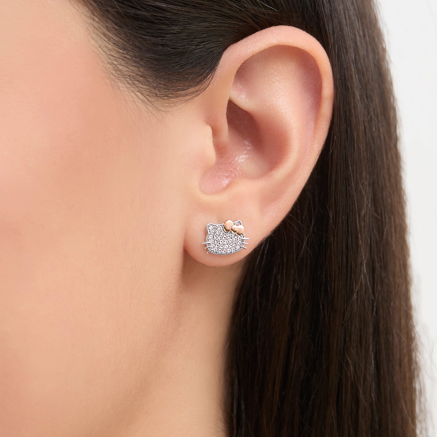 Hello Kitty Face Stud Earrings, Sterling Silver with Created White Sapphire Pavé and Rose Gold-Tone Bow, Official License