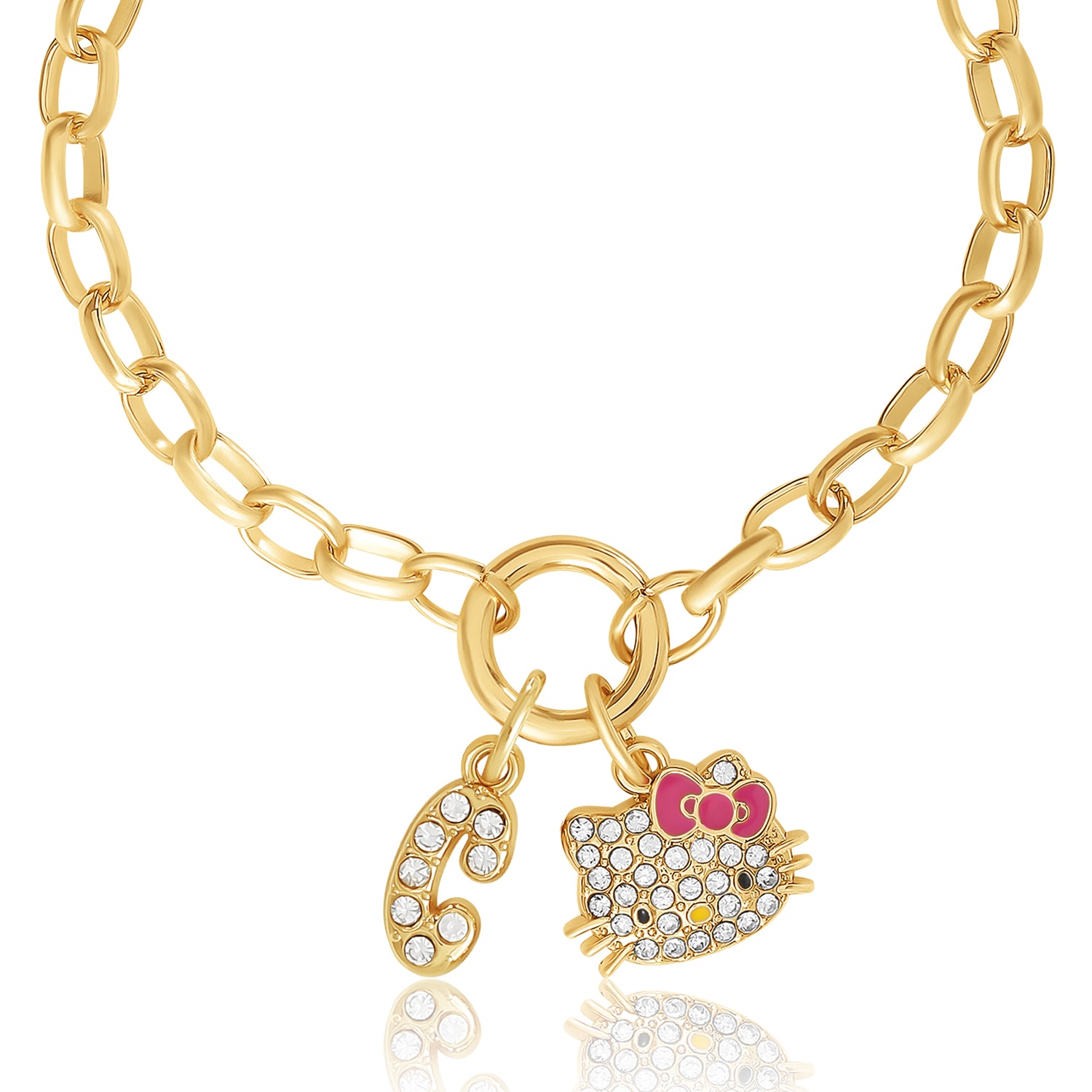 Hello Kitty Initial Crystal Charm Bracelet, Gold‑Tone, Adjustable - C