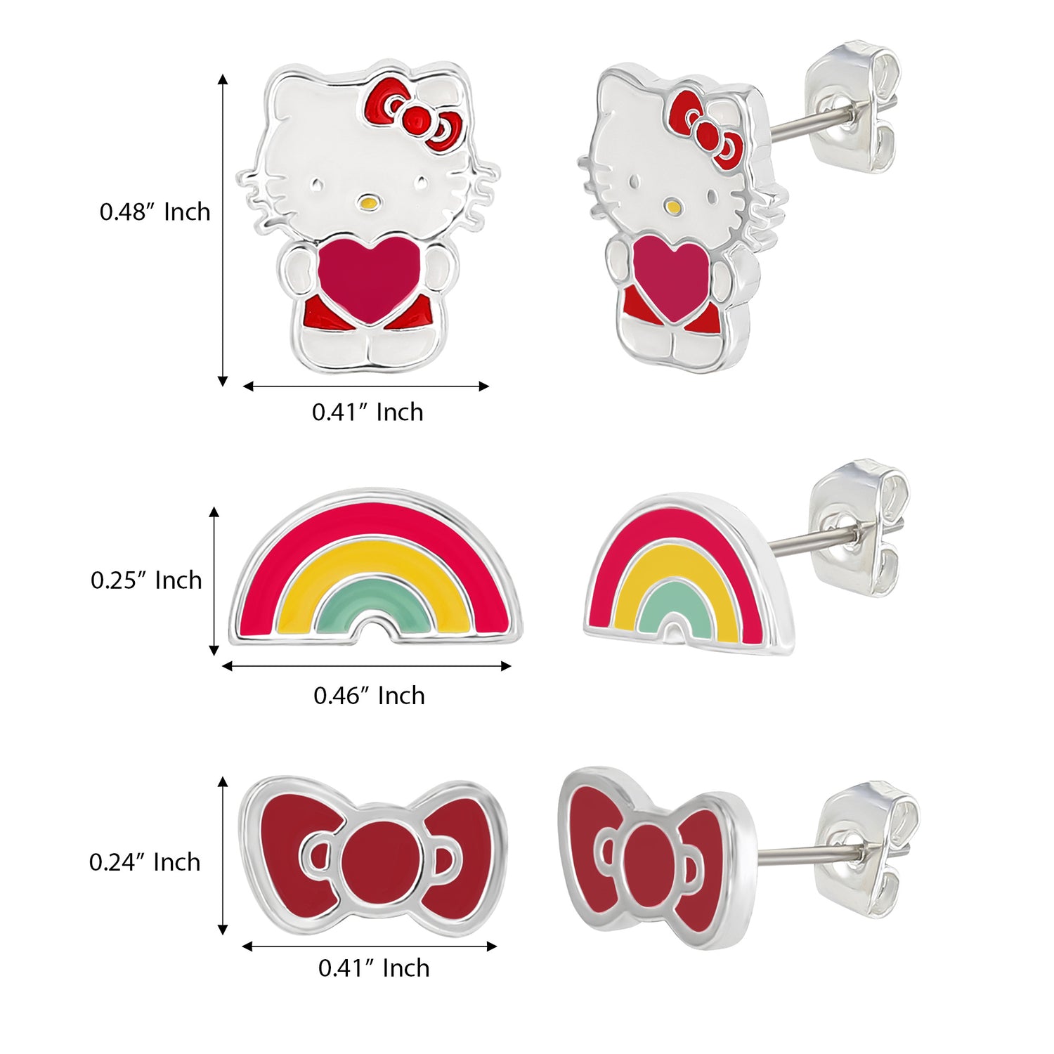 Hello Kitty Stud Earrings Set for Women, 3 Pairs, Sanrio Studs