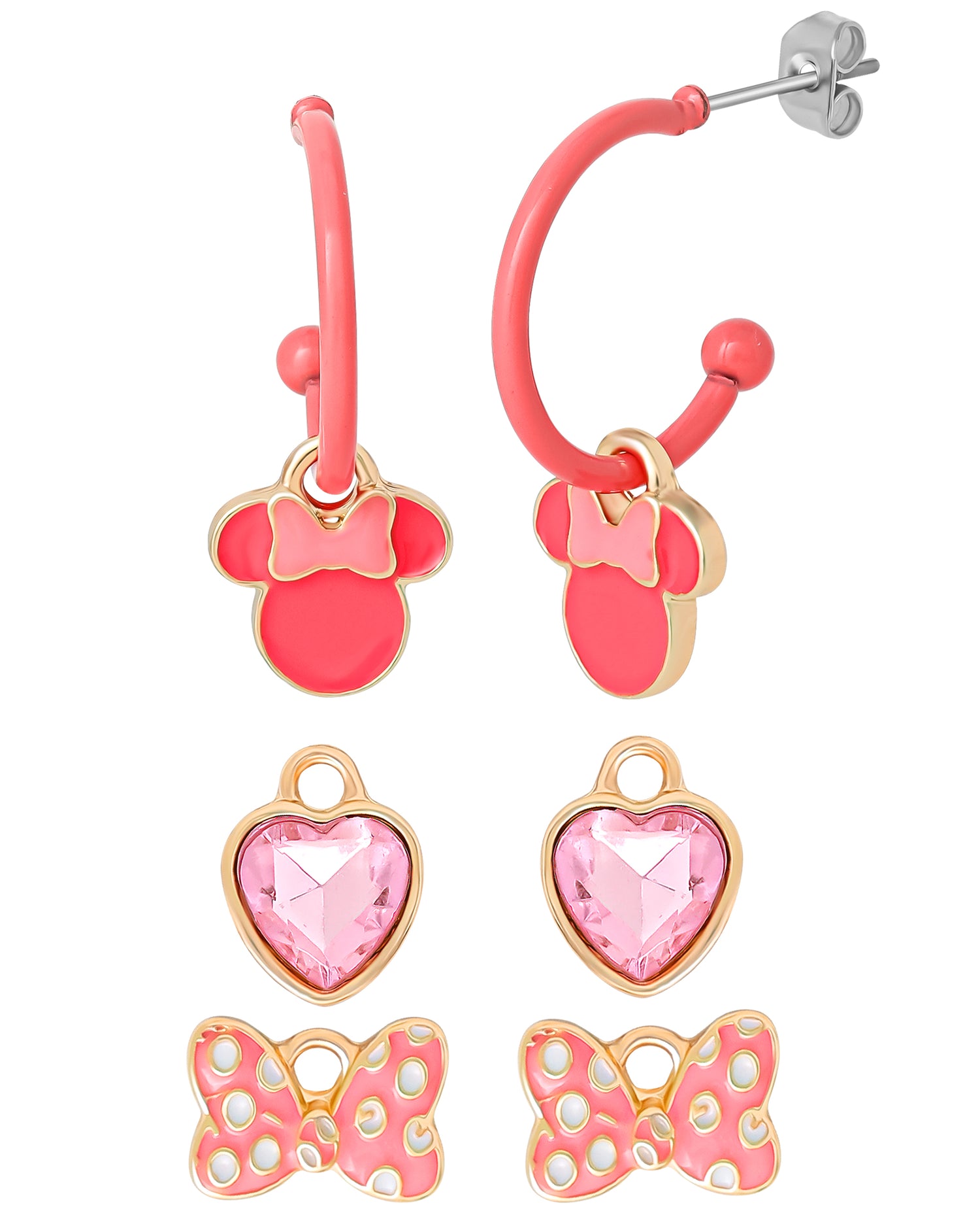 Disney Minnie Mouse Pink Bow Charm Hoop Earring Set, 3 Charms and 1 Hoop