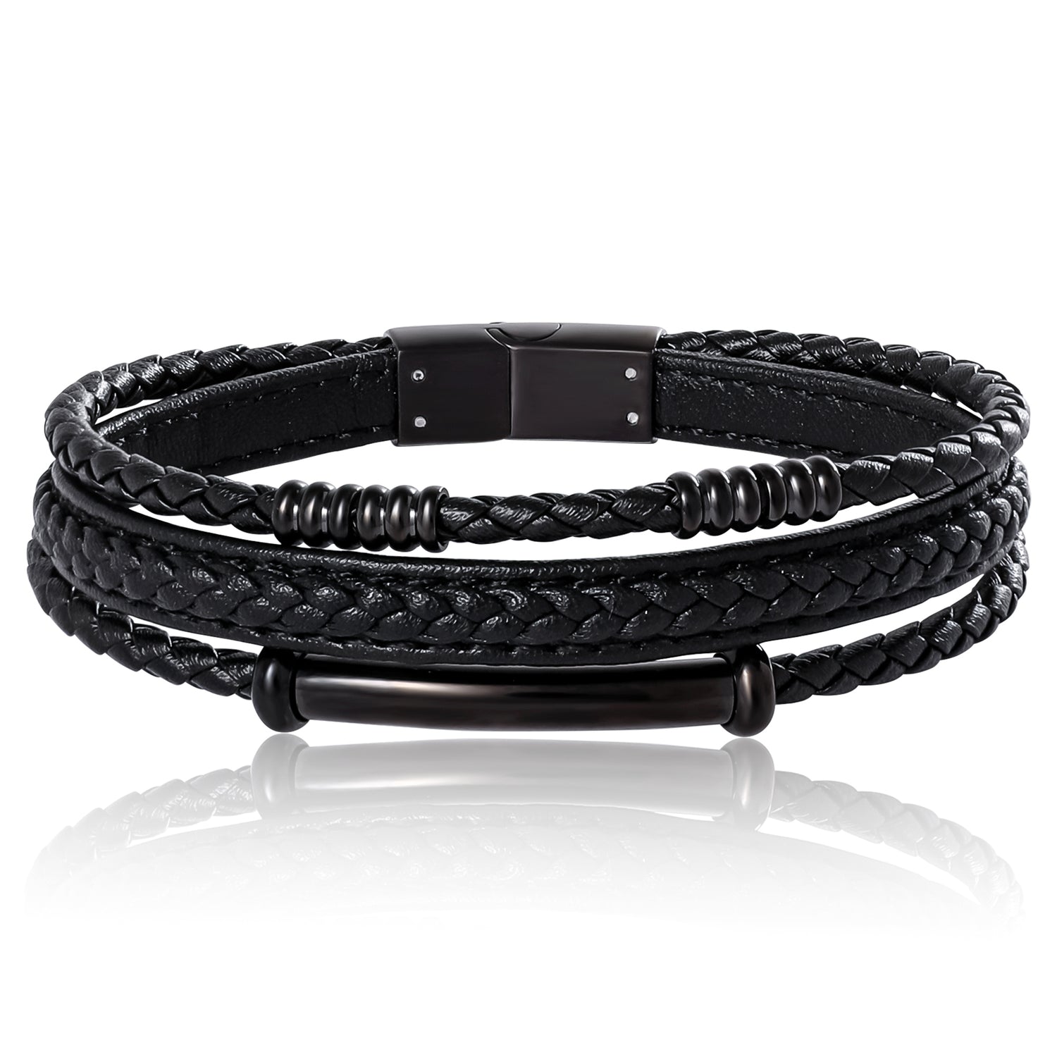 Lucky Brand Stainless Steel Triple Row Black Cord Bracelet - 8.25" - IP Black-Plated Finish