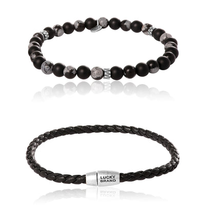 Lucky Brand Matte Black Onyx, Snowflake Obsidian Stretch Bead & Magnetic Cord Bracelet Set - 2 Piece