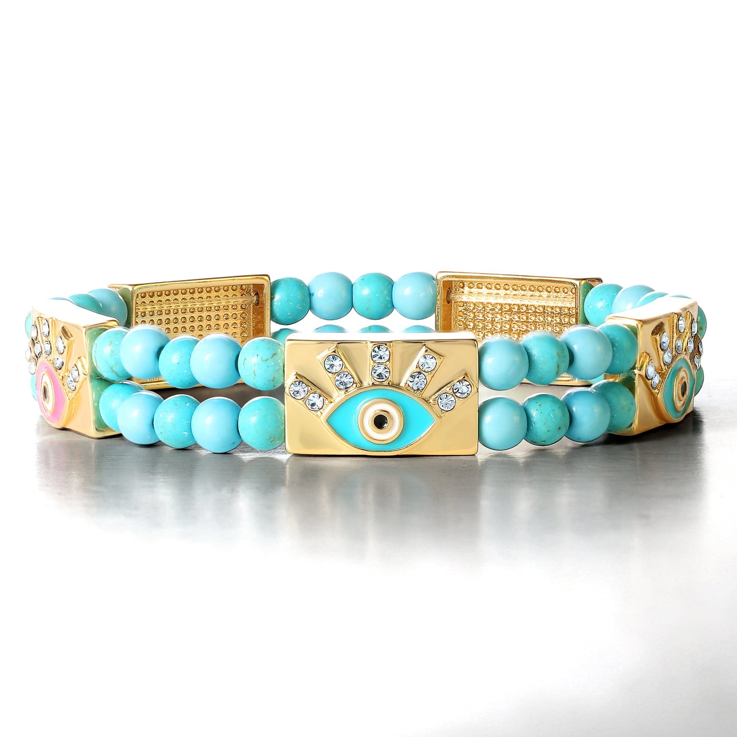Jessica Simpson Womens Evil Eye Turquoise Bead Stretch Bracelet - Gold-Tone Turquoise Bracelet