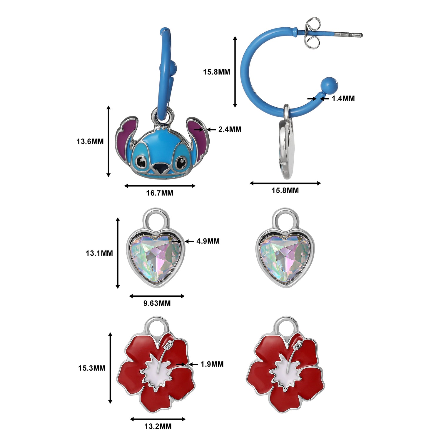Disney Stitch Charm Hoop Earring Set, 3 Pairs with Interchangeable Charms, Silver‑Tone