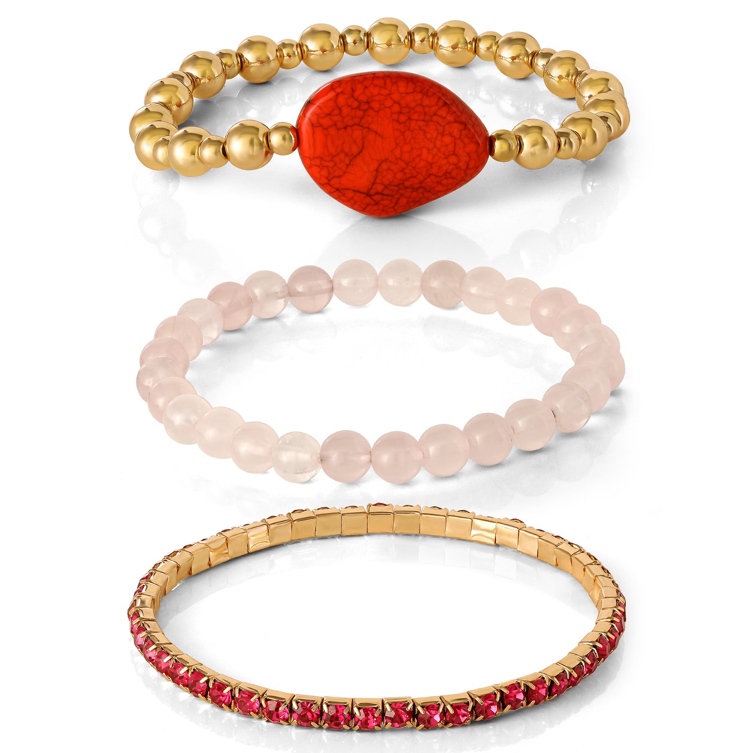 Jessica Simpson 3-Piece Beaded Stretch Bracelet Set - Gemstone & Gold-Tone Accents - Red