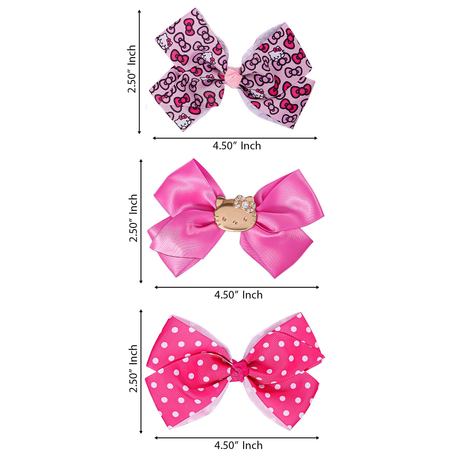 Hello Kitty Hair Clips Bow Set 3-Piece Set Official License,  Pink Bows