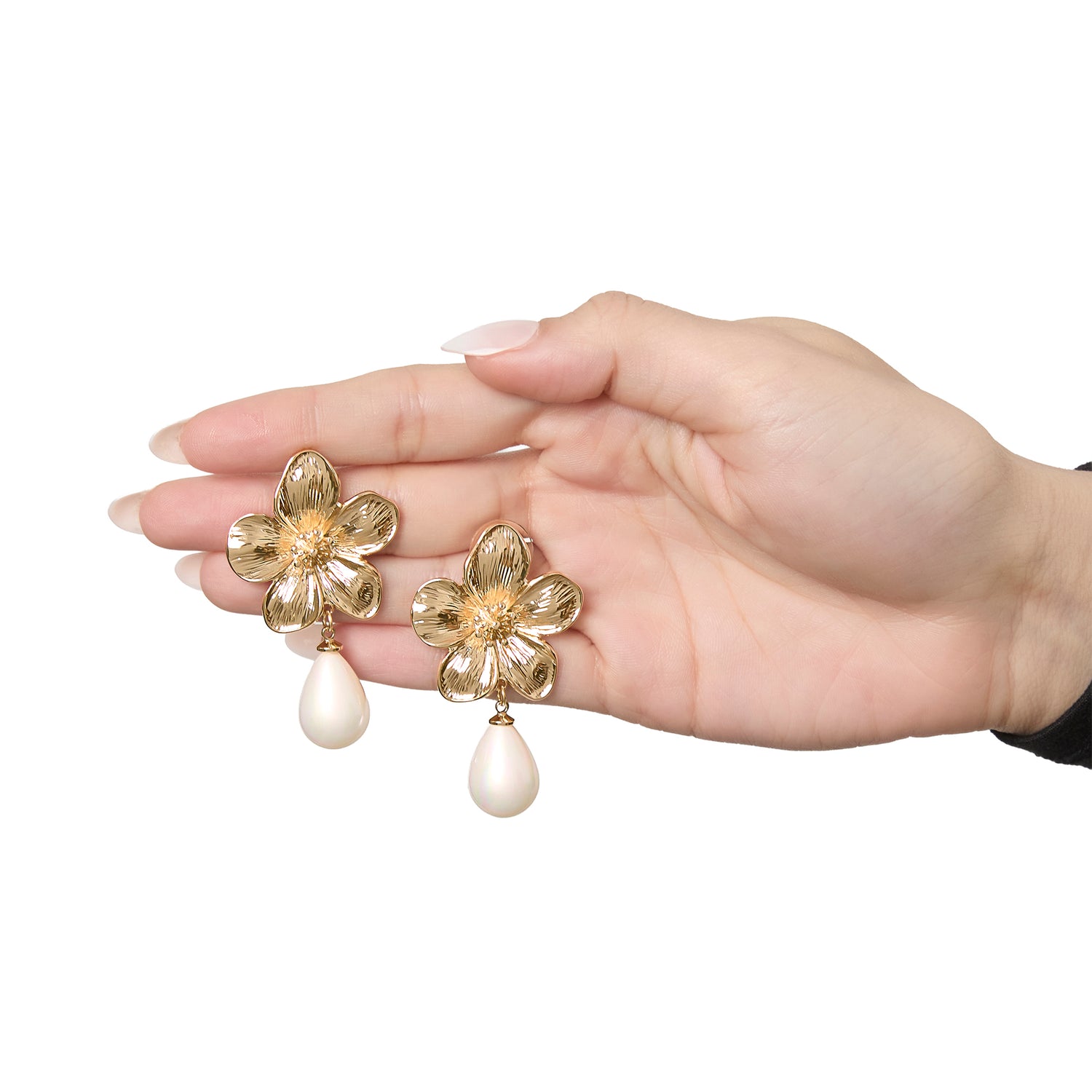 Jessica Simpson Gold-Tone Flower Earrings with Dangling Faux Pearl, Drop Earrings for Women