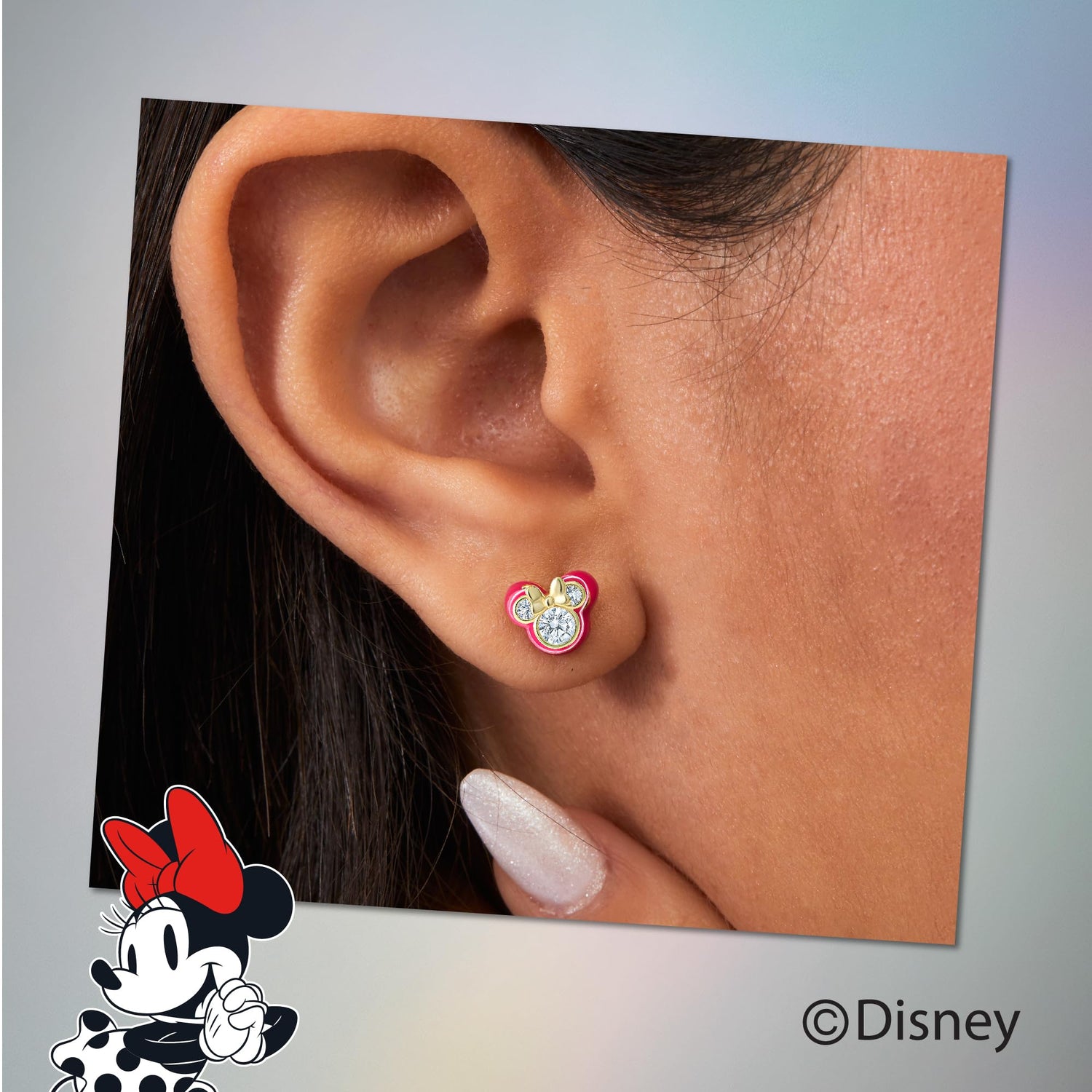 Disney Minnie Mouse Cubic Zirconia and Enamel Stud Earrings, Flash-Plated Earrings Official License