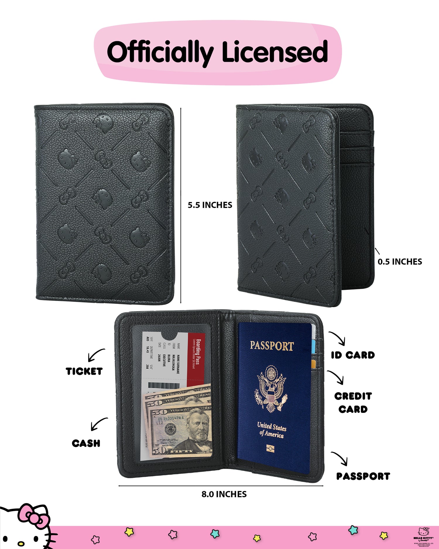 Hello Kitty Passport Holder for Travel Official License, Black Passport Cover for Women, Sanrio Gifts - Black