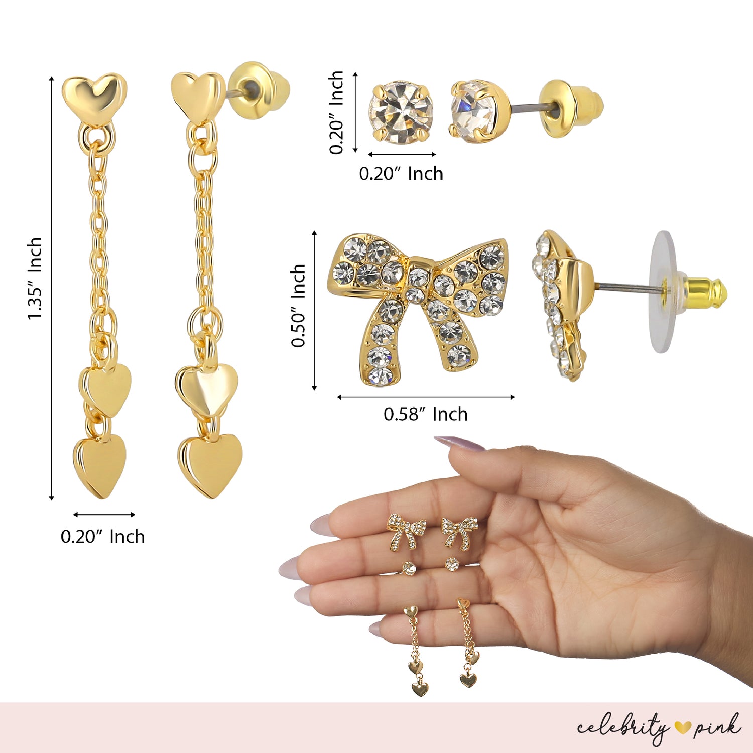 Celebrity Pink Gold-Tone Heart Stud Earrings and Dangle Earrings Pack of 6 | 6-Pack, Gold Studs and Drop Heart Earrings, Feminine Jewelry
