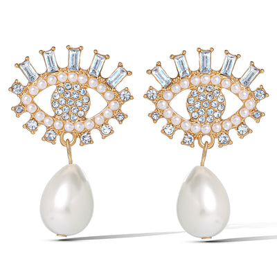 Jessica Simpson Gold-Tone Evil Eye Pearl Drop Earrings